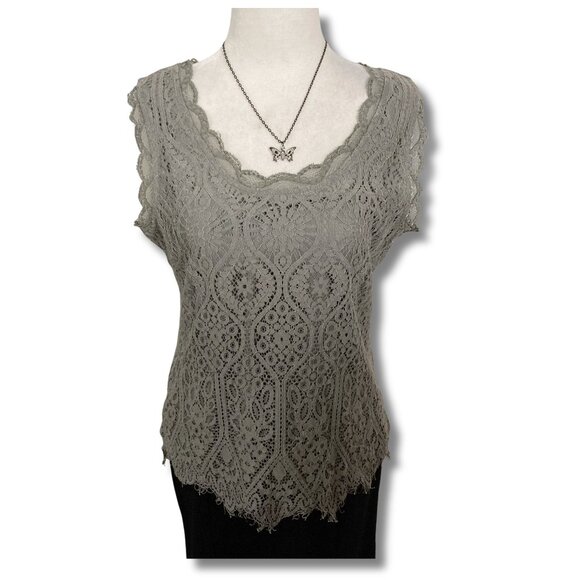 LUNA MOON Grey floral and eyelash lace scoop neck top ~ MEDIUM LARGE shirt - Picture 1 of 15